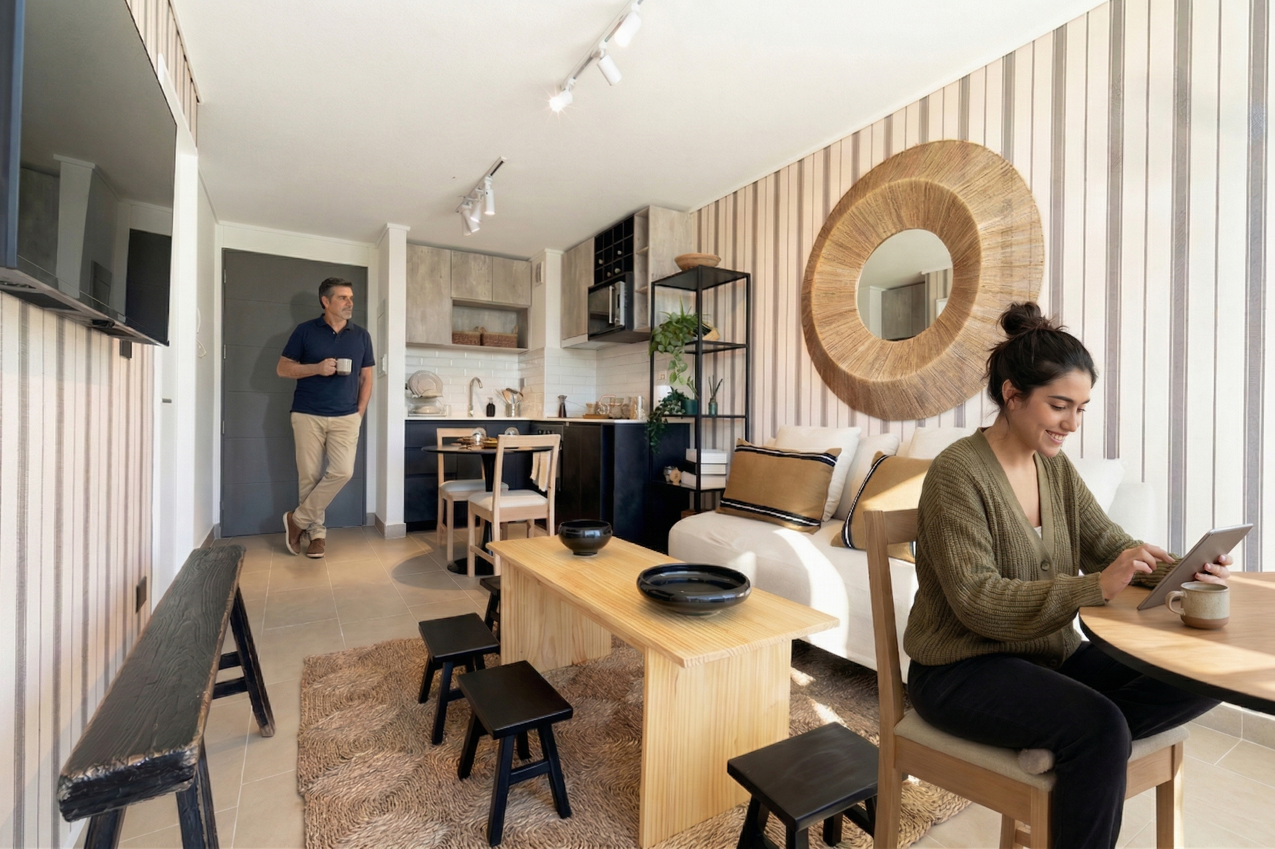 Un living amplio y luminoso, con vista al centro de Concepción, ideal para relajarte después del día y disfrutar la ciudad desde tu propio espacio.